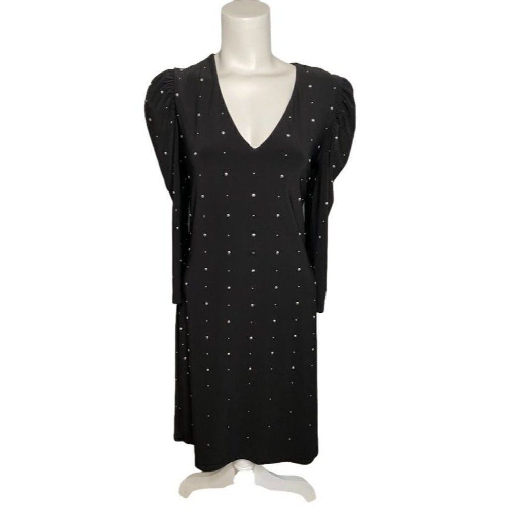 White House Black Market WHBM Studded Puff Sleeve Jersey Knit Dress Sz Medium